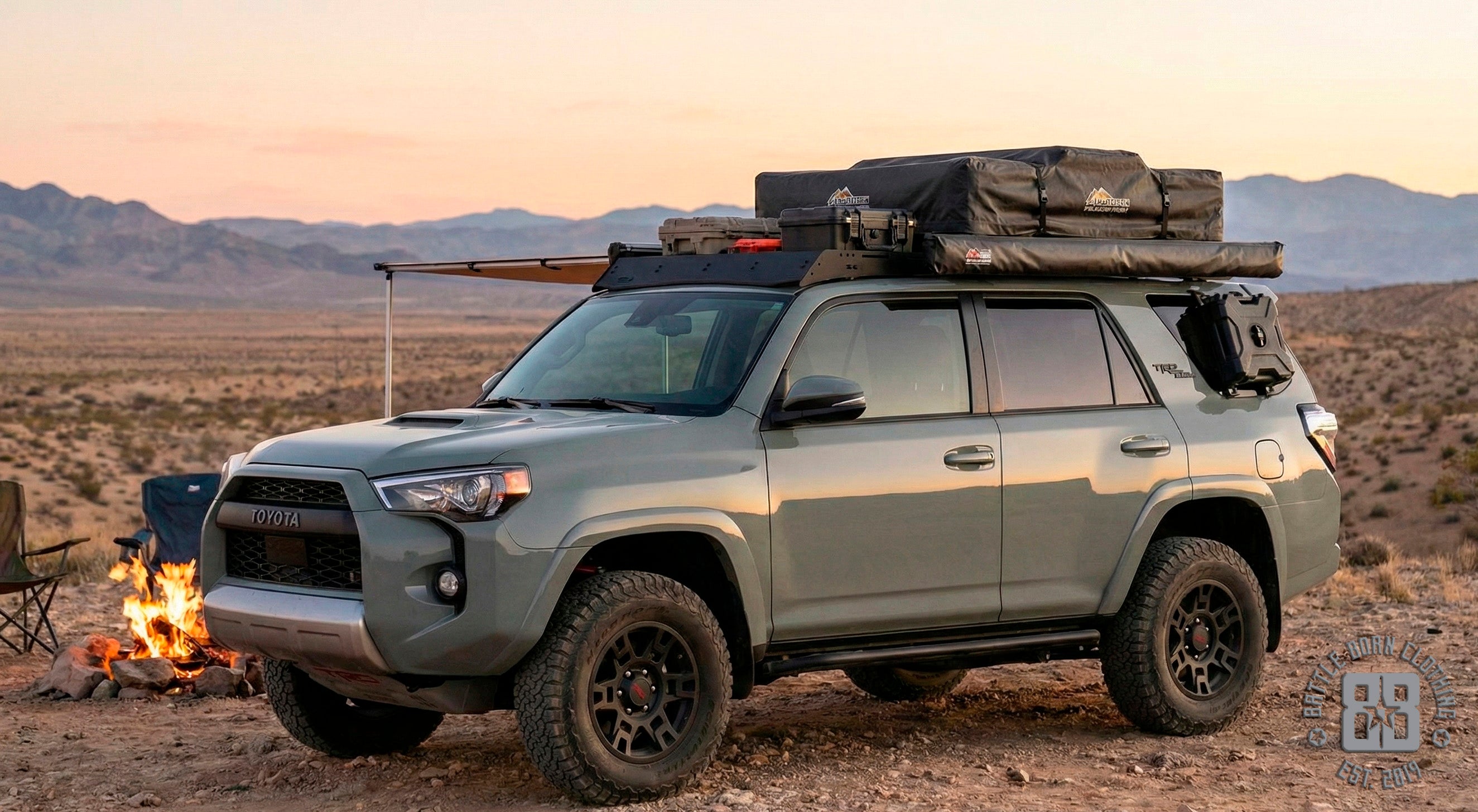 Cement Grey Toyota 4Runner with Prinsu Roof Rack on a dirt trail near Yerington NV.